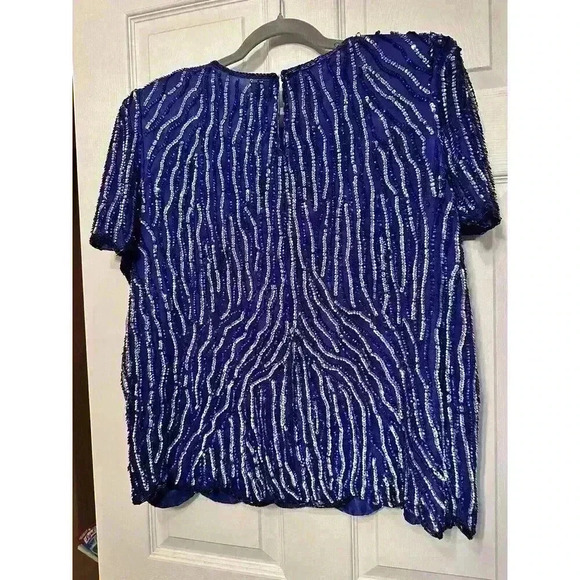 Vintage Jewel Queen Size 1X Blue Sequin Pure Silk Short Sleeve Evening Blouse - Picture 2 of 5
